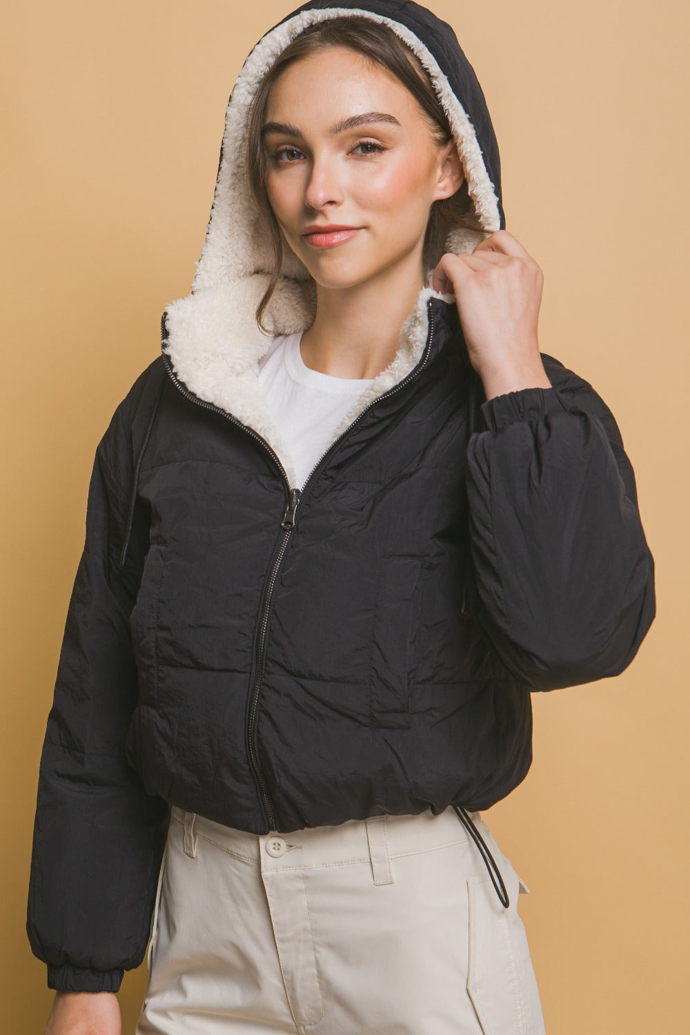 Lea Reversible Cropped Hooded Sherpa Jacket