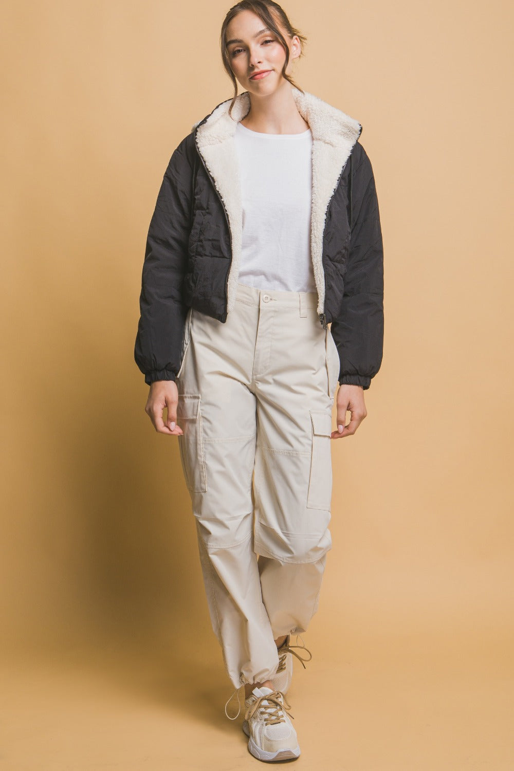Lea Reversible Cropped Hooded Sherpa Jacket