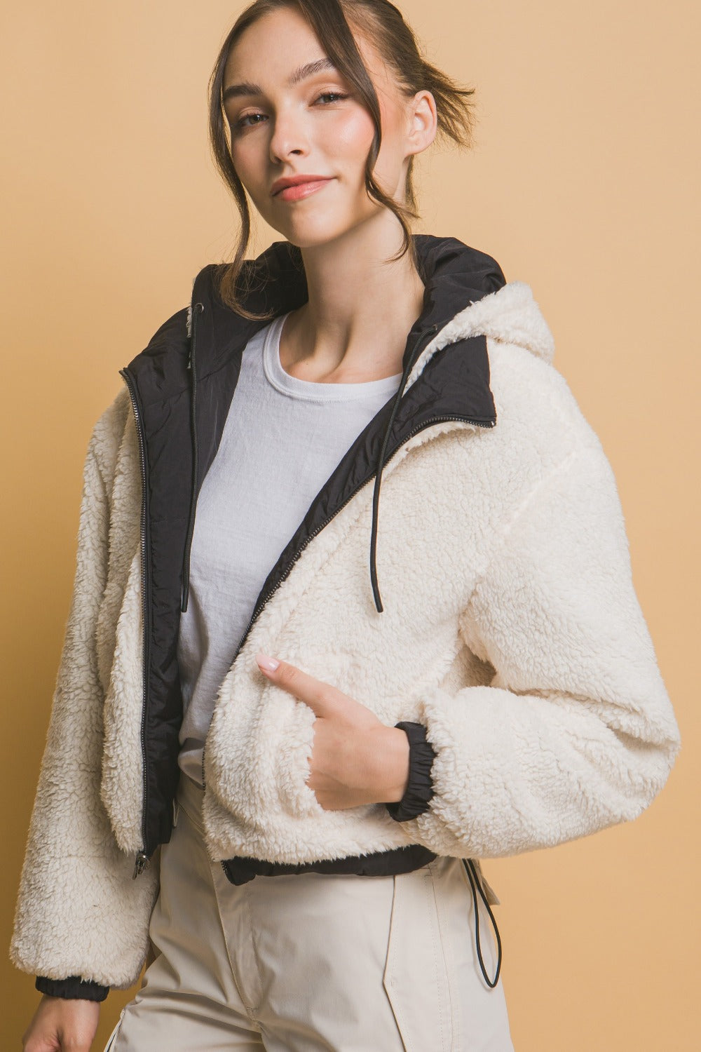 Lea Reversible Cropped Hooded Sherpa Jacket
