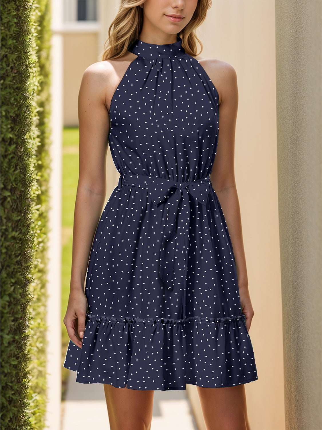 Lea Polka Dot Grecian Sleeveless Dress