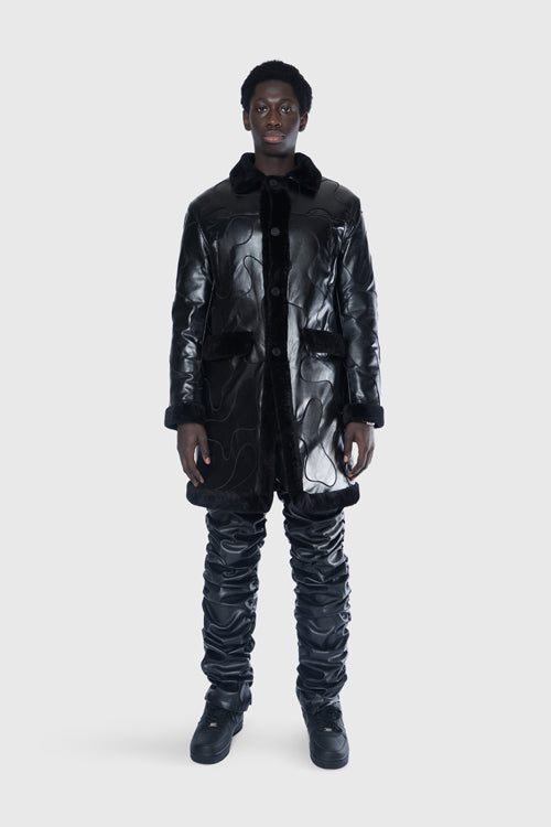 Metal Logo Faux Lambskin Shearling Coat