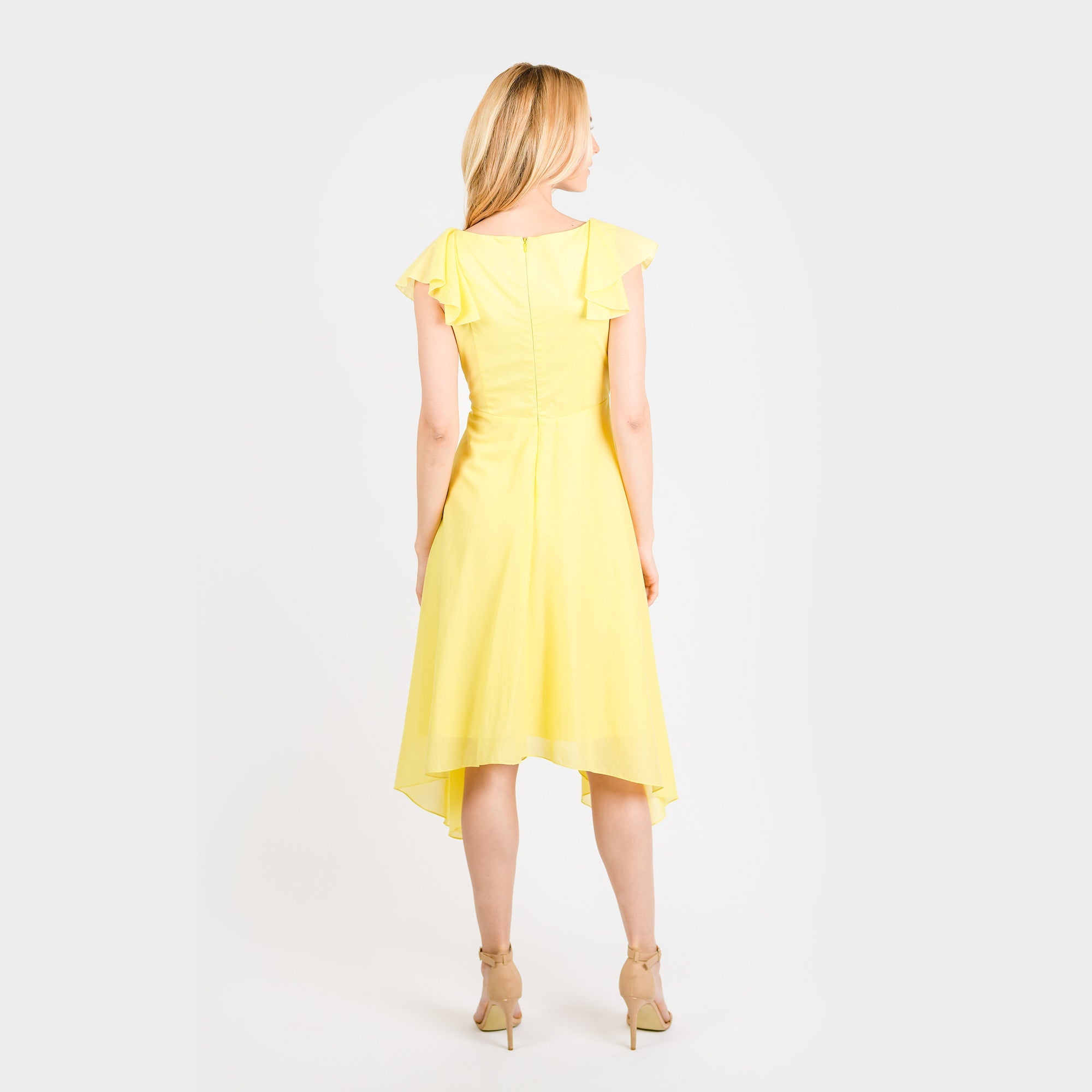 CN7177 Ruffled Nkline Sharkbite Hem Dress