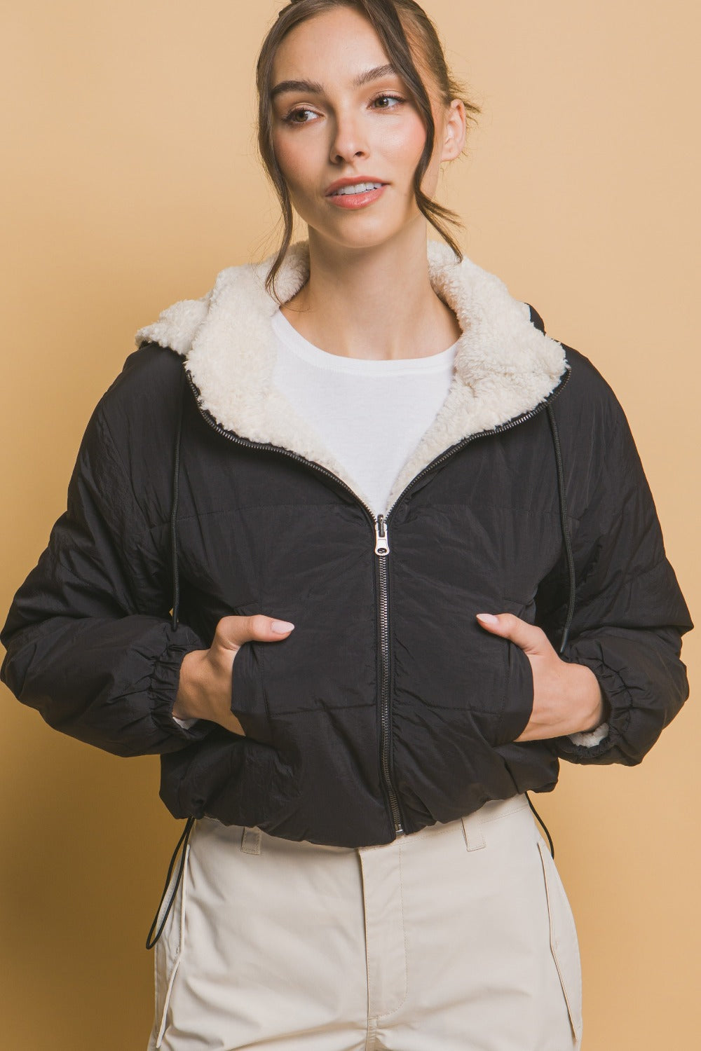 Lea Reversible Cropped Hooded Sherpa Jacket