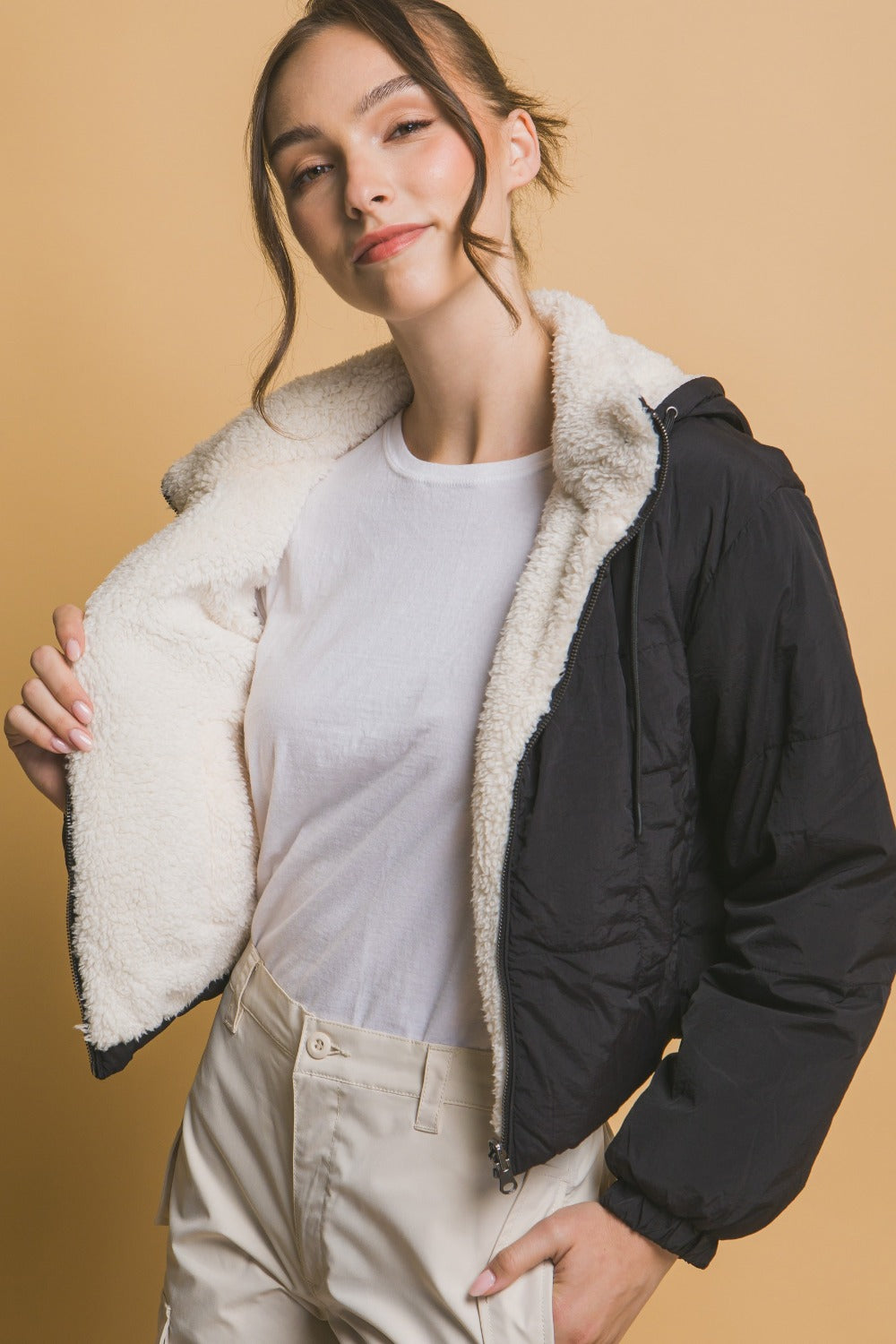 Lea Reversible Cropped Hooded Sherpa Jacket