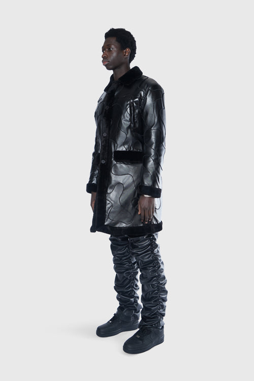 Metal Logo Faux Lambskin Shearling Coat