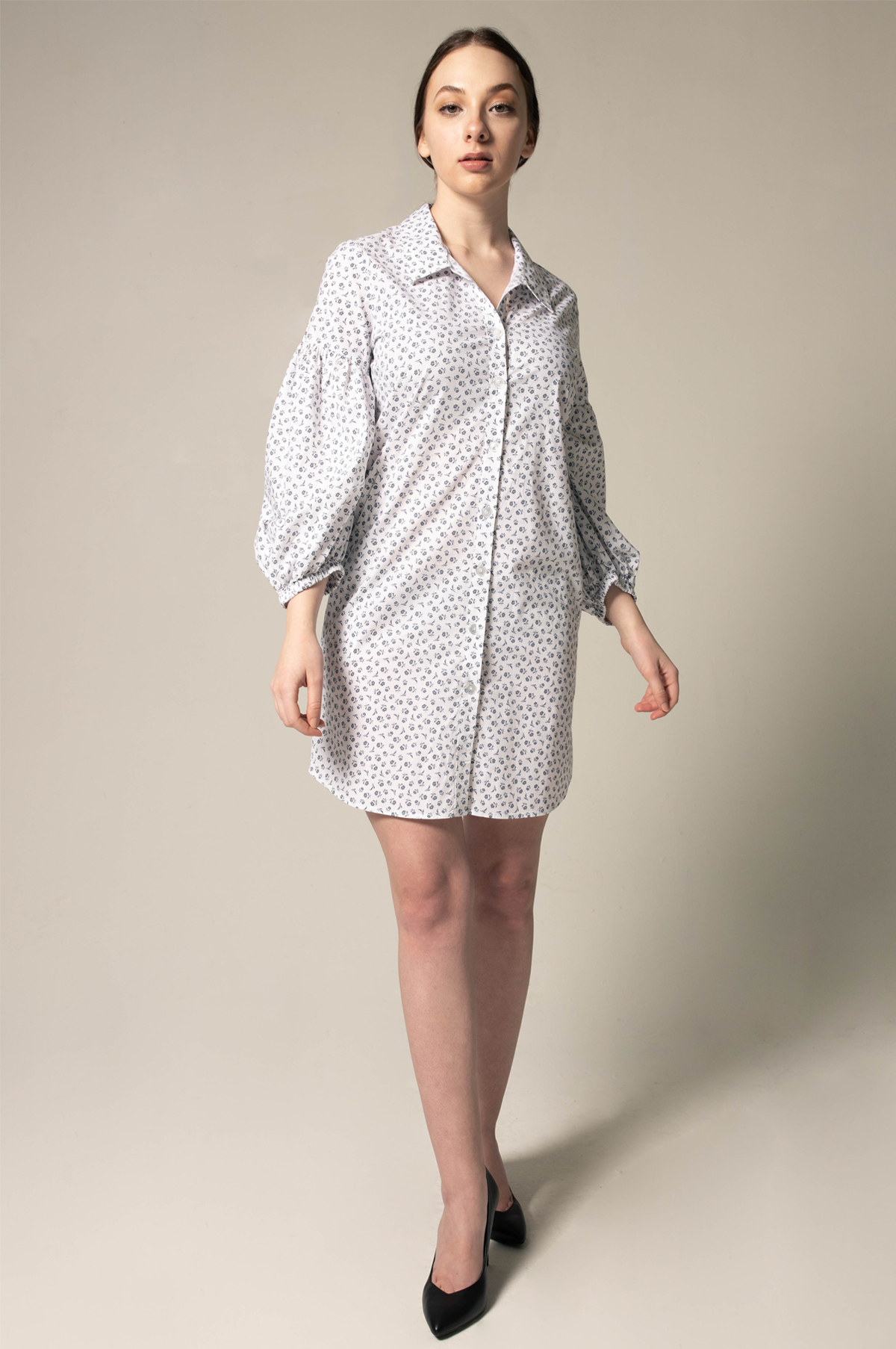 Shirt Dress with Oversized Sleeves in White Floral – Summer Dress