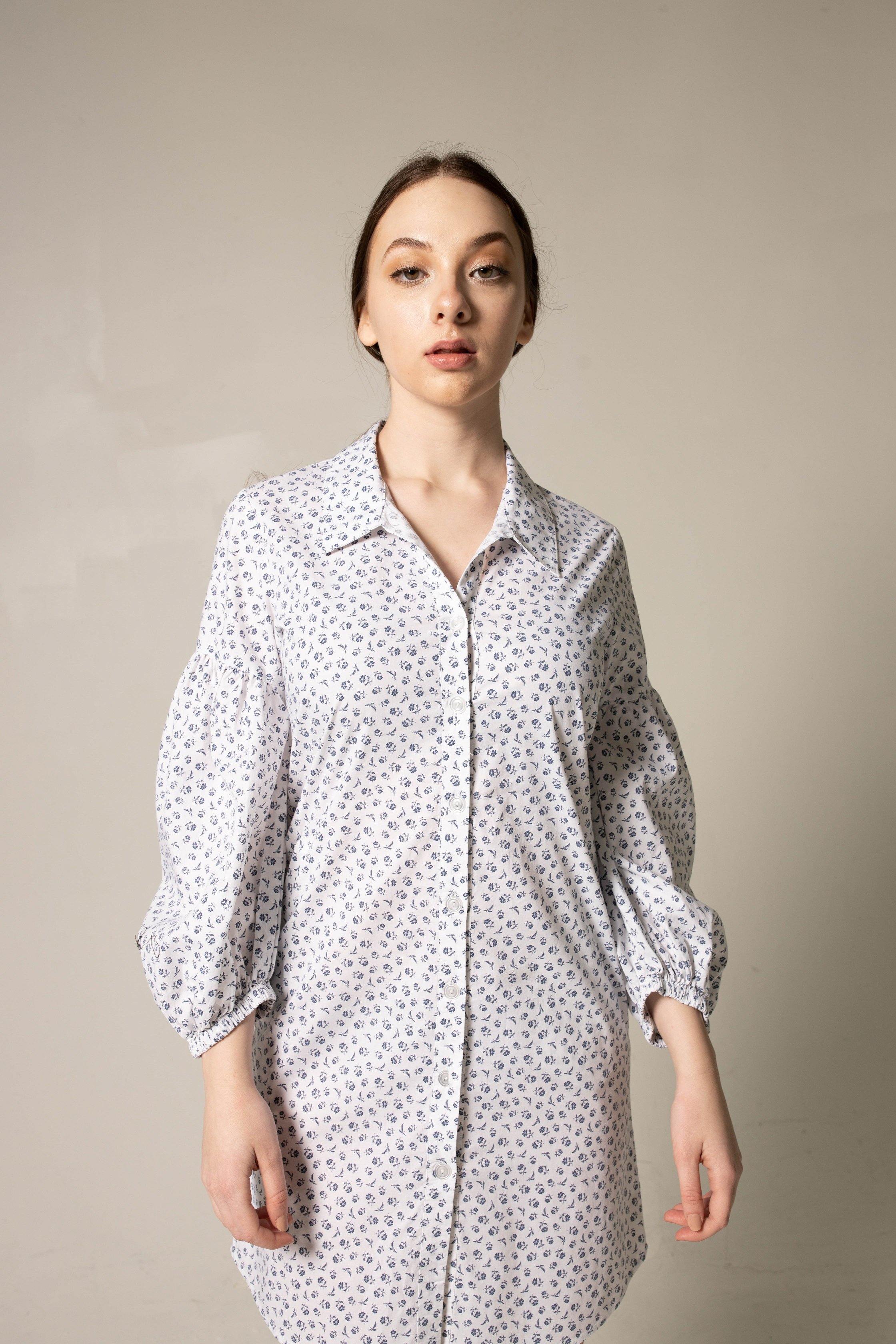 Shirt Dress with Oversized Sleeves in White Floral – Summer Dress